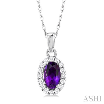 5x3 MM Oval Shape Amethyst and 1/20 Ctw Single Cut Diamond Halo Semi-Precious Pendant with Chain in 14K White Gold